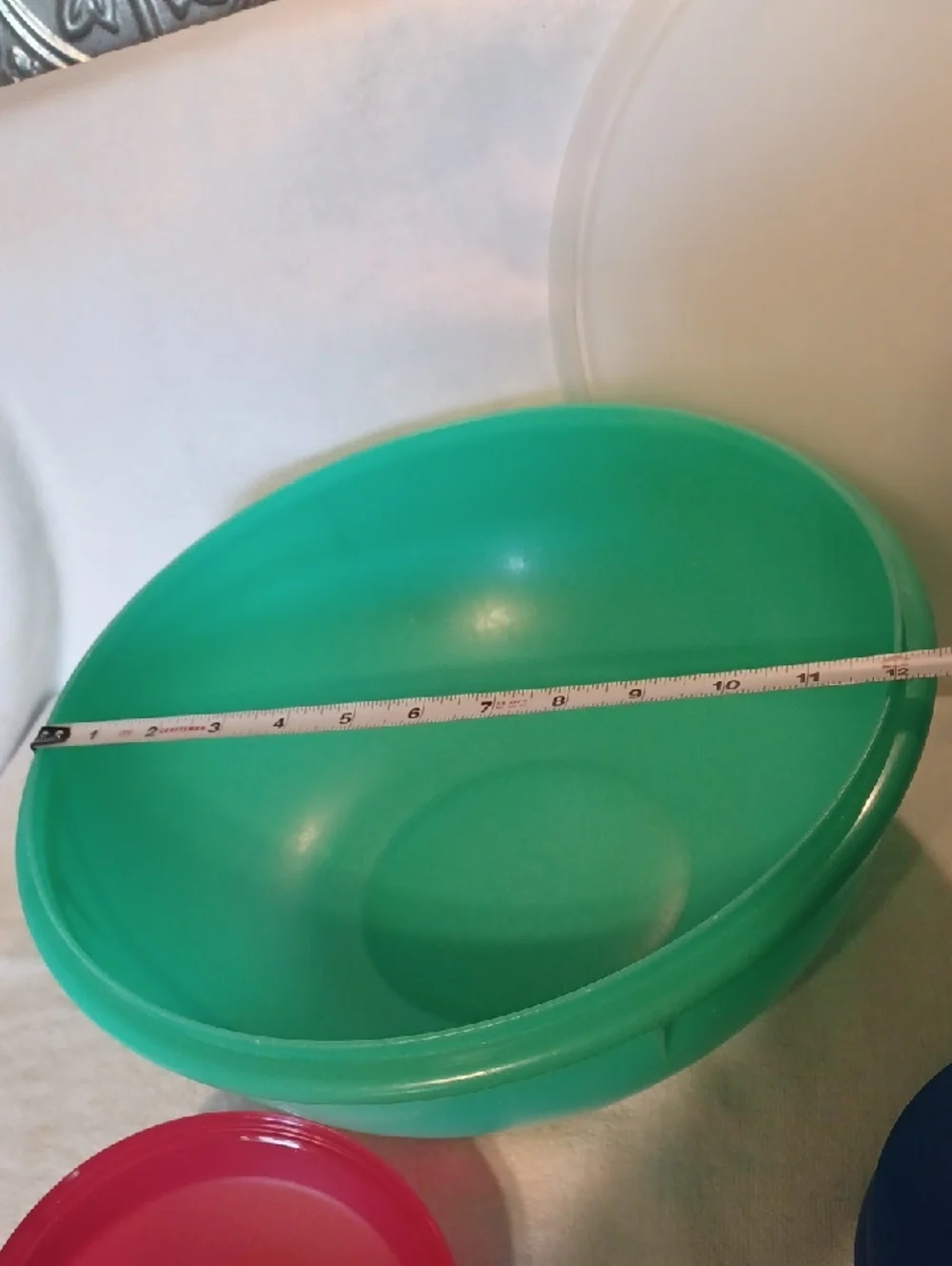 Tupperware Green Bowl with Red and Blue Snack Containers